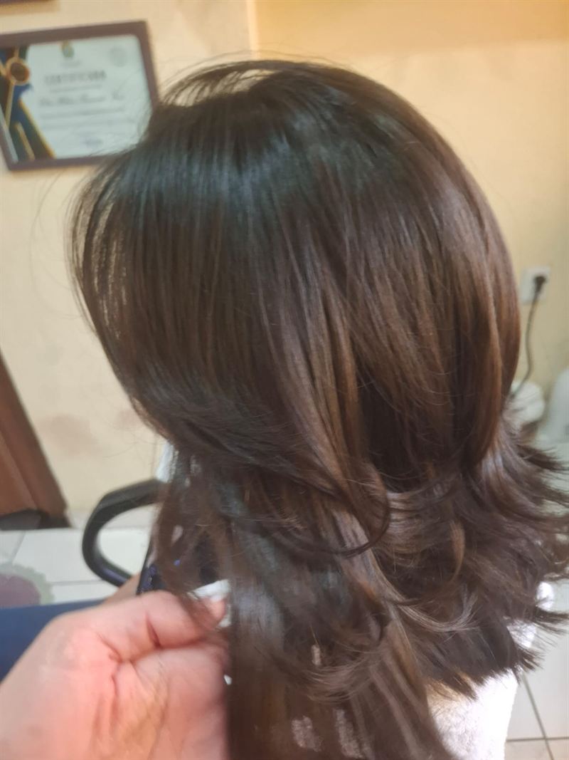 Cabelo castanho liso e brilhoso com pontas em movimento, finalizado no Studio Helena Fernandes em Manaus